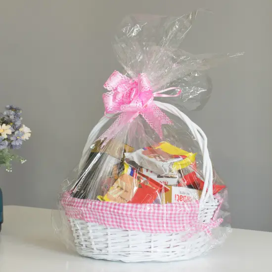 White Round Willow Gift Basket, with Gingham Liner and Handles Pink {6}