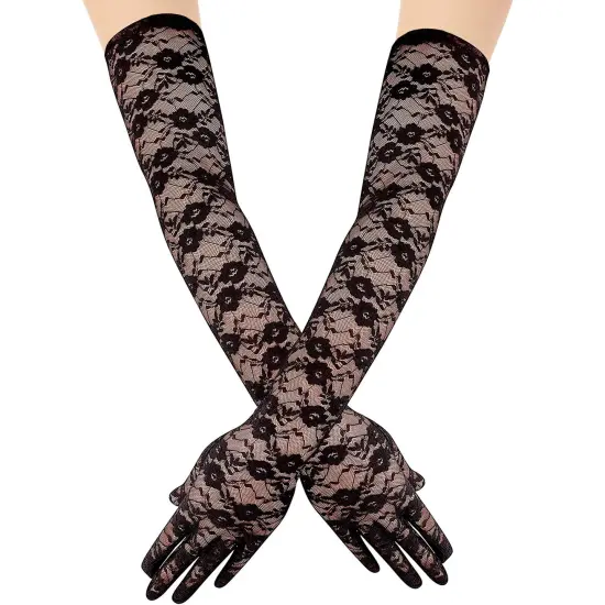 Elegant Lace Elbow Gloves - 1920s Fashion Opera Length Tea Party Black Wedding Gloves {1}
