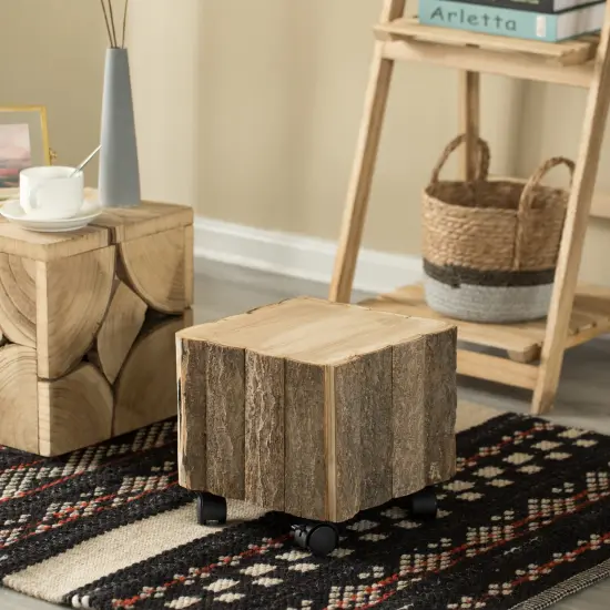 Accent Decorative Natural Wooden Square Stump Stool, with Wheels for Indoor and Outdoor {6}