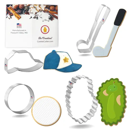 CookieCutter.com Golf 4 Piece Cookie Cutters Set, Golf Club, Cap, Round Ball, Green, Tin Plate Steel, USA {1}