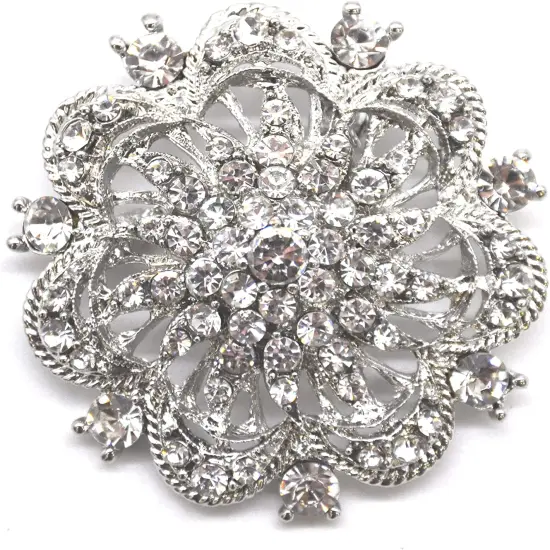 Belagio Rhinestone Brooch, 2" Diameter, 1 Piece, Royal Flower, Silver/Crystal {1}