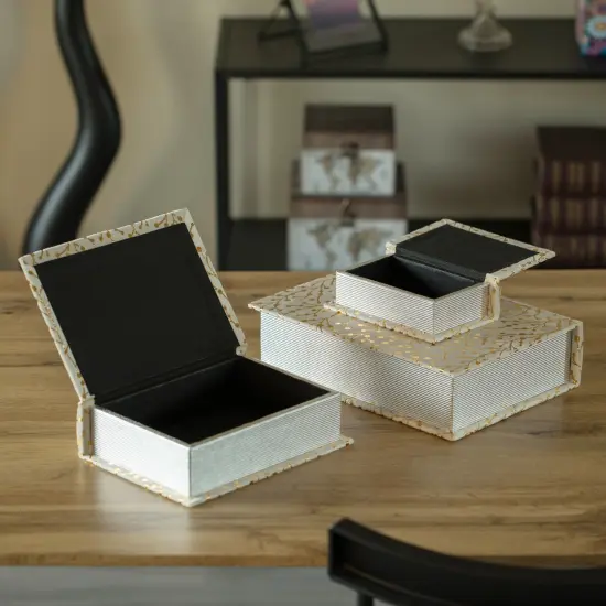 Set of 3 Velvet Vintage Storage Wooden Antique Classic Decorative Book Box Holder White {3}