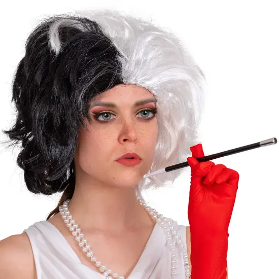 Black and White Wig - Cruel Lady Half and Half Wavy Costume Wig for Adults and Kids {1}
