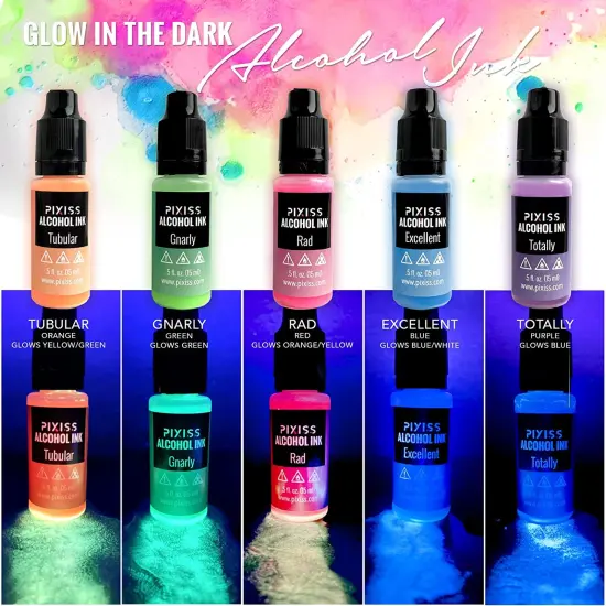 Pixiss Glow In The Dark Alcohol Inks Set, 5 Highly Saturated Glow In The Dark Inks {3}