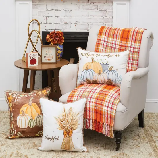 "Thankful" Wheat Bundle w/ Bow Cotton Blend Embroidered Accent Throw Pillow 18" x 18" {3}