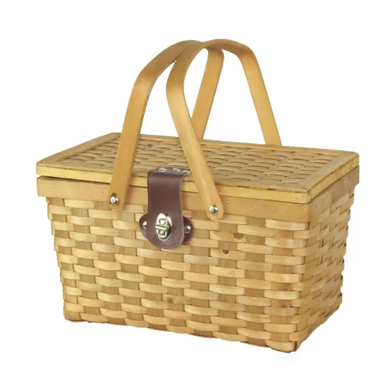 Gingham Lined Woodchip Picnic Basket With Lid and Movable Handles {3}