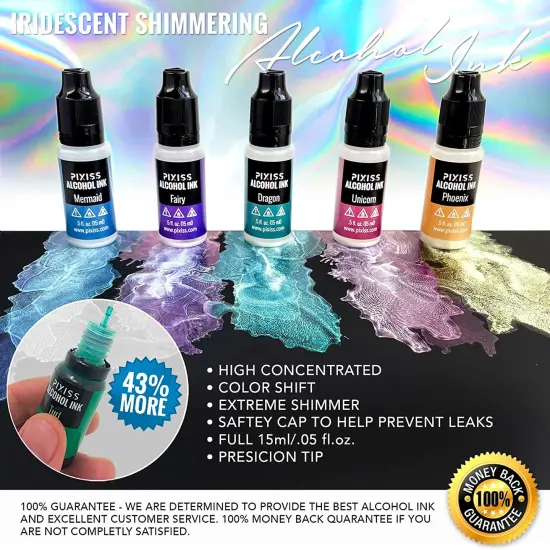 Pixiss Iridescent Alcohol Inks Set, 5 Highly Saturated Mythical Alcohol Inks for Resin {6}