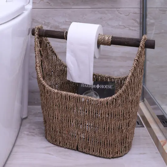 Seagrass Decorative Bathroom Basket &ndash; Handwoven Magazine Rack, Storage Organizer for Small Essentials, Washcloths and Toiletries, with Wooden Rod Toilet Paper Holder for Easy Dispensing {2}