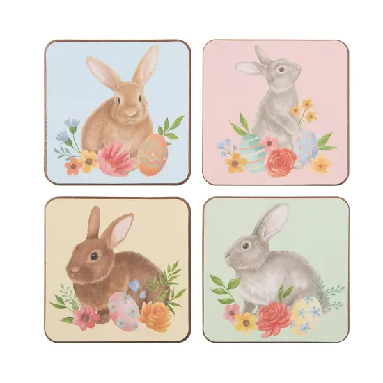 4" Multi-Color Easter Floral Cute Bunny Rabbit Drink Sitter Coasters Set of 4 {1}