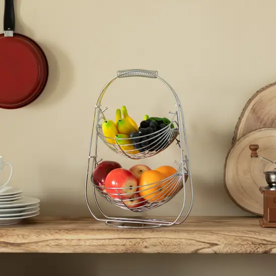 2 Tier Metal Fruit Holder Swing Basket for Kitchen | Detachable Countertop Vegetables Storage Organizer with Display Hammock Stand for Farmhouse, Living Room, Dining Room {3}