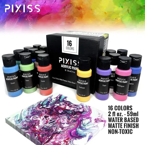 Pixiss Acrylic Paints Set of 16 (59 ml/2floz), 10 Paint Brush, 5x5-Inch Canvases 3 Pack {4}