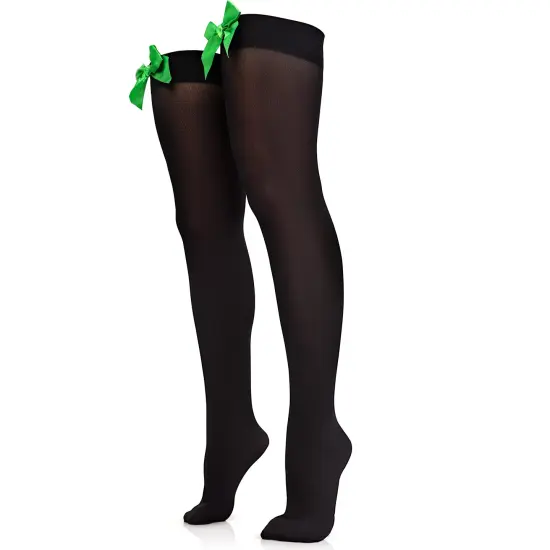 Bow Accent Thigh Highs - Black Over the Knee High Stockings with Green Satin Ribbon Bow Accent for Women and Girls {1}
