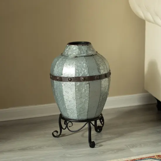 Rustic Silver Galvanized Barrel Shape Planter and Vase with Metal Stand {6}