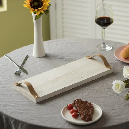 Decorative Natural Wooden Rectangular Tray Serving Board with Brown Leather Handles {3}