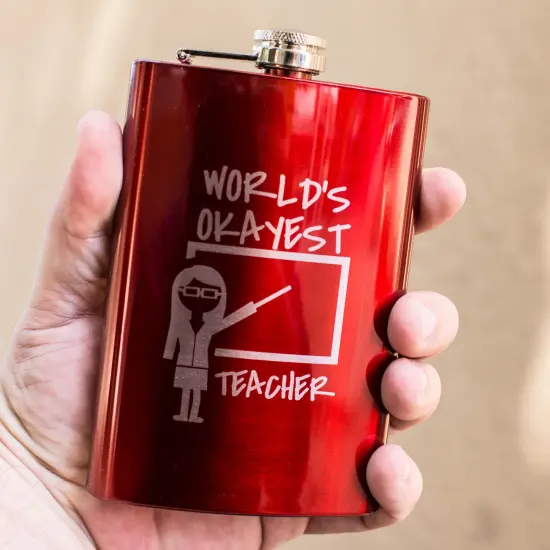 8oz RED World's Okayest Teacher Flask {3}