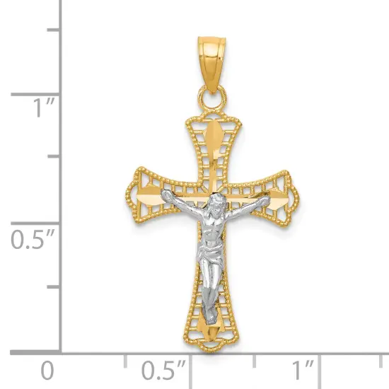 10K Yellow Gold & Rhodium Plated Diamond Cut Crucifix Charm Pendant 30mm x 16mm {2}