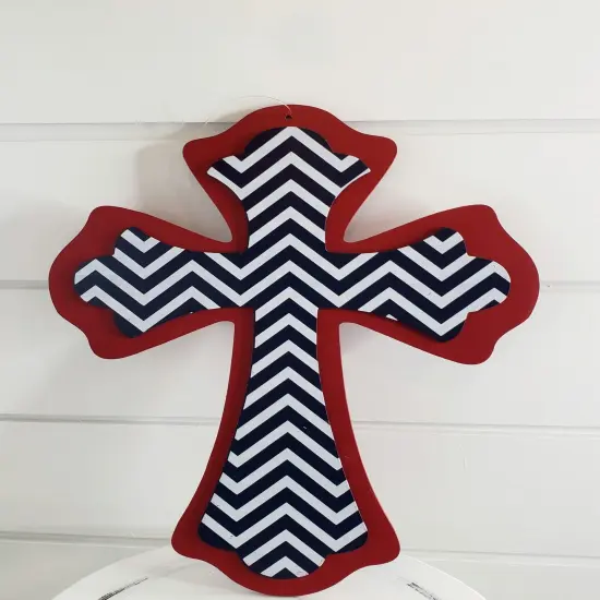 14.5"x10.625 MDF Chevron Cross Sign - Vibrant Red, Navy Blue, and White Design-AB237442 {2}
