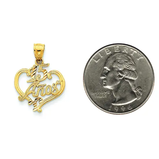 14K Gold 15 Anos Heart Charm Diamond-Cut Birthday New Jewerly 24mm x 18mm {2}