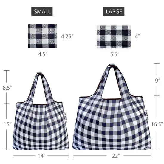 Wrapables Large & Small Foldable Tote Nylon Reusable Grocery Bags, Set of 2 Black Checkers {2}