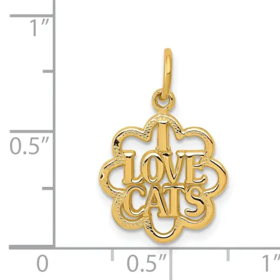 14K Yellow Gold I Love Cats Charm Kitty Cat Pendant Jewerly 22mm x 14mm {4}