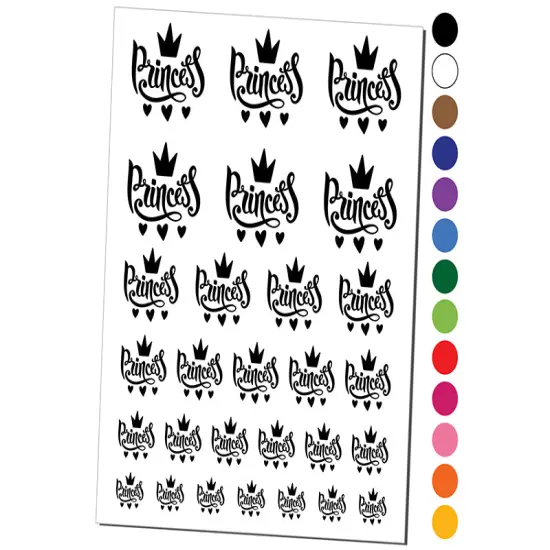 Princess Cursive with Crown and Hearts Temporary Tattoo Water Resistant Fake Body Art Set Collection Dark Green {1}