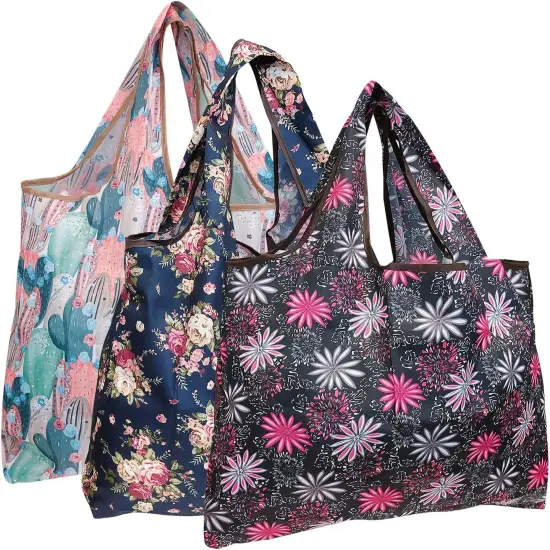 Wrapables Large Foldable Tote Nylon Reusable Grocery Bag, 3 Pack Floral Fun {1}