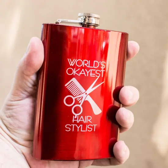 8oz RED World's Okayest Hair Stylist Flask {3}