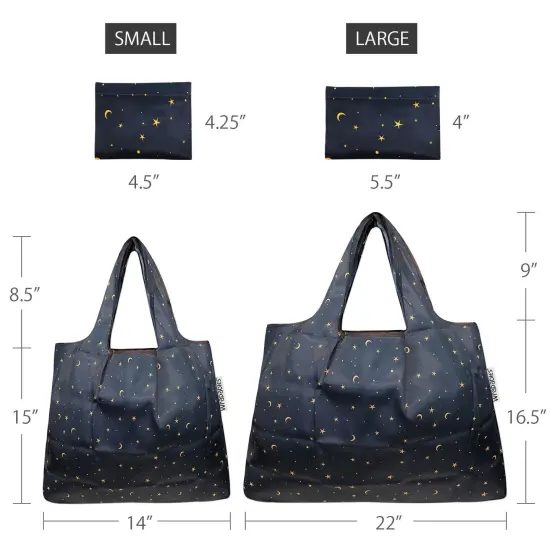 Wrapables Large & Small Foldable Tote Nylon Reusable Grocery Bags, Set of 2 Moon & Stars {2}