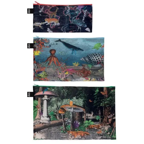 LOQI Artist Kristjana S Williams Interiors Zip Pockets, Set of 3, World Map {2}