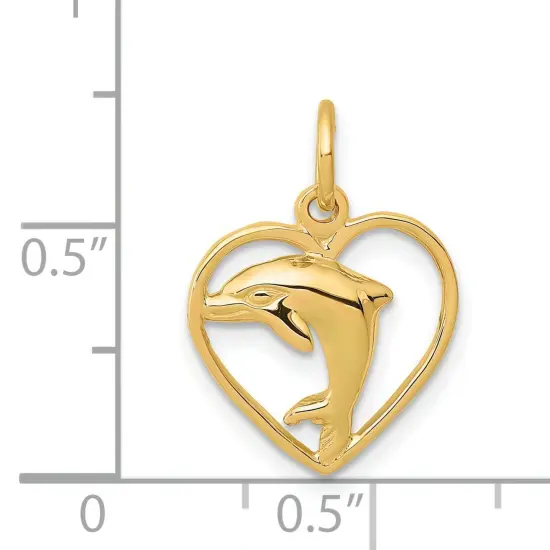 14K Yellow Gold Jumping Dolphin Heart Charm Pendant Jewerly 19mm x 14mm {4}