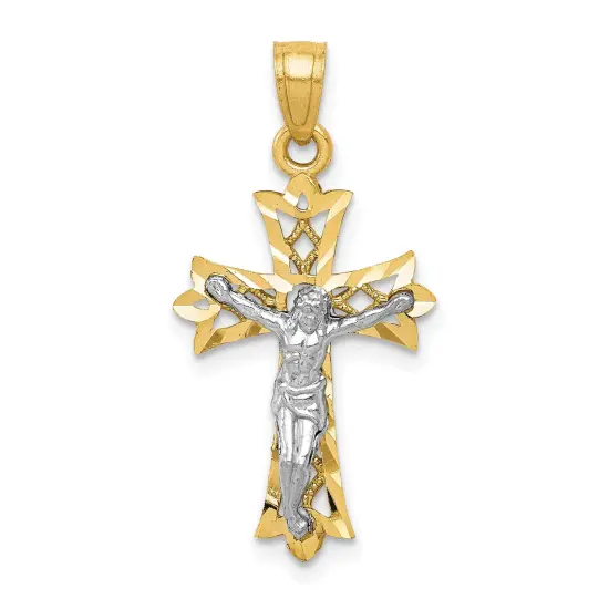 10K Yellow Gold & Rhodium Plated Filigree Crucifix Pendant Charm 25mm x 14mm {1}