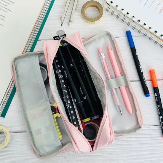 Wrapables Large Capacity Pencil Case, 3 Compartment Pencil Pouch for Stationery Pens Pink {4}