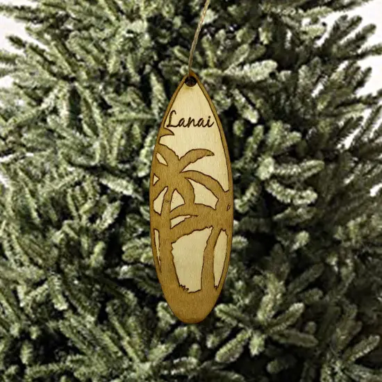 Ornament - Lanai Palm Tree Surfboard - Raw Wood Maple {2}