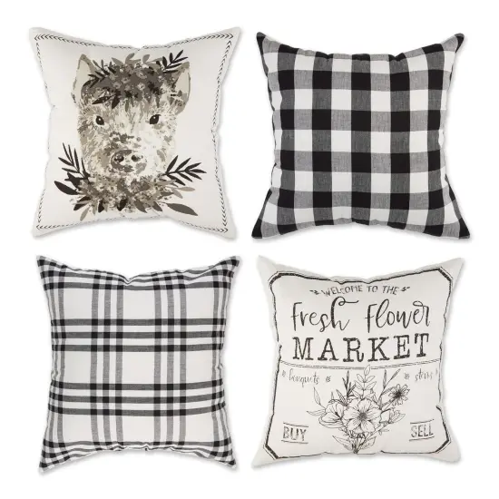 DII Pig And Flower Market Farmhouse Check And Print Pillow Cover 18x18 inch, 4 Piece {1}