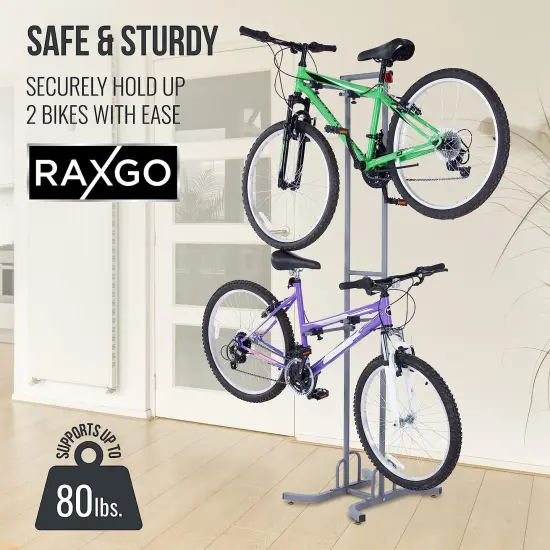 RaxGo Freestanding Bike Storage Rack, 2 Bicycle Indoor Bike Stand with Adjustable Hooks {2}