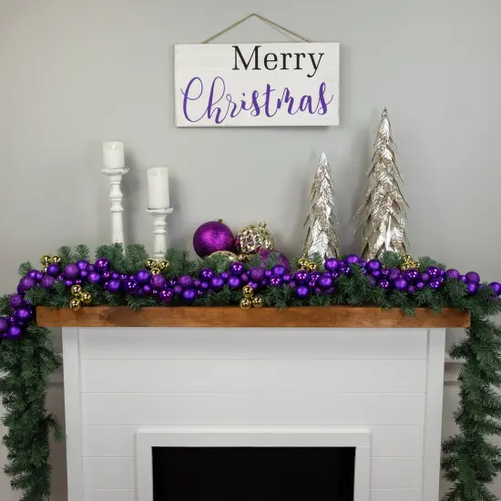Northlight 3-Finish Shatterproof Ball Christmas Garland - 6' x 3.5" - Purple - Unlit {3}