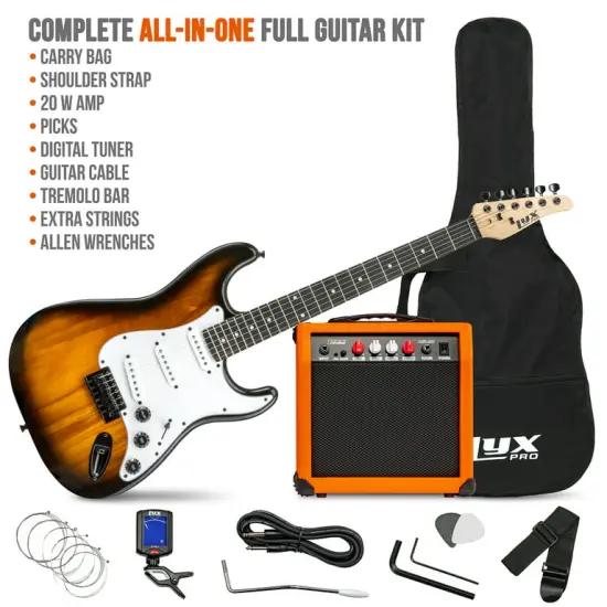 LyxPro Beginner Stratocaster 39” Electric Guitar and Electric Guitar Accessories Sunburst {5}