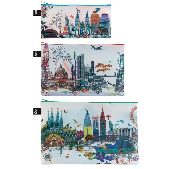 LOQI Artist Kristjana S Williams Interiors Zip Pockets, Set of 3, World Skyline {2}