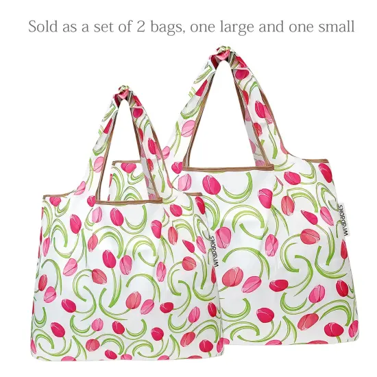 Wrapables Large & Small Foldable Tote Nylon Reusable Grocery Bags, Set of 2 Pink Tulips {3}