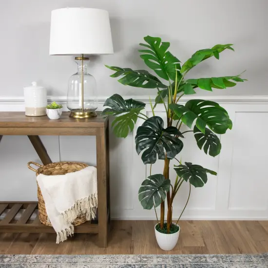 Northlight Real Touch&trade; Artificial Monstera Artificial Plant in a White Textured Pot - 4.25' Green {3}