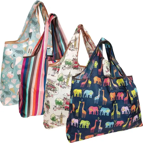 Wrapables Large Foldable Tote Nylon Reusable Grocery Bags, 4 Pack Flamingoes Flowers {7}