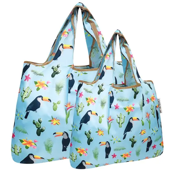 Wrapables Large & Small Foldable Tote Nylon Reusable Grocery Bags, Set of 2 Toucan & Cacti {1}