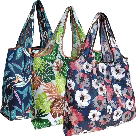 Wrapables Large Foldable Tote Nylon Reusable Grocery Bag, 3 Pack Tropical {1}
