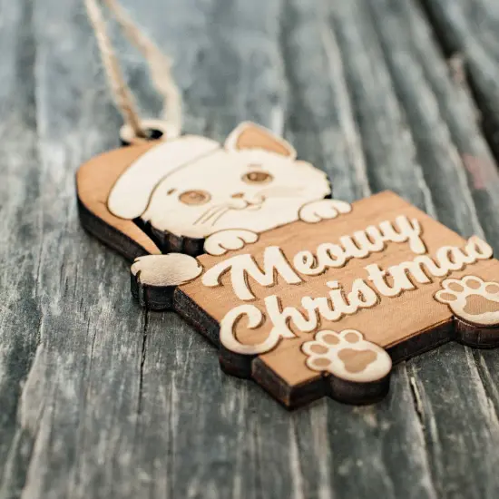 Ornament - Meowy Christmas - Raw Wood 3x4in {3}