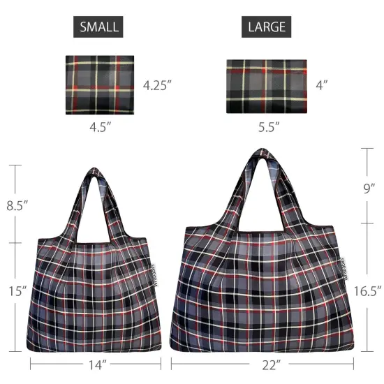 Wrapables Large & Small Foldable Tote Nylon Reusable Grocery Bags, Set of 2 Black Plaid {2}