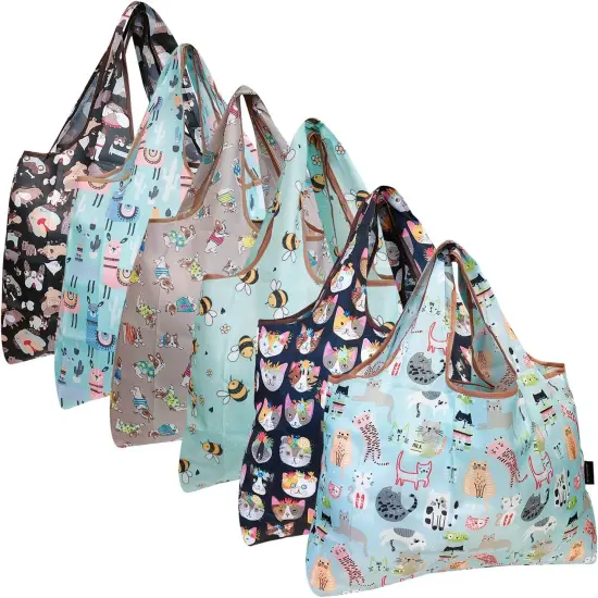 Wrapables Large Foldable Tote Nylon Reusable Grocery Bags, 6 Pack Animals Oh My! {1}
