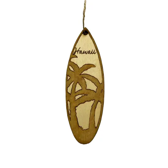 Ornament - Hawaii Palm Tree Surfboard - Raw Wood Maple {1}