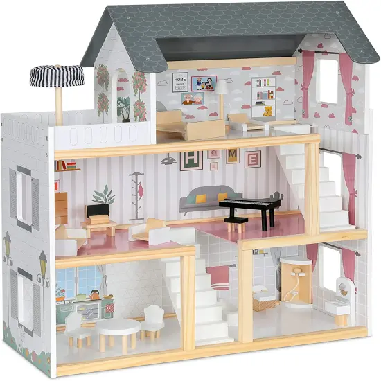Lil Jumbl Kids 3-Floor Wooden Dollhouse with 2 Staircases and 17-Piece {1}