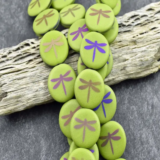 *8* 16mm Matte Satin Olive Green Metallic Iris Dragonfly Coin Beads {4}