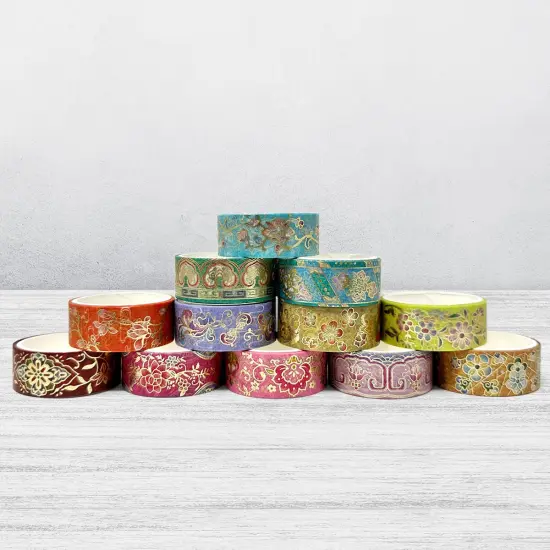 Wrapables Elegant Gold Foil Washi Tape Box Set for Arts & Crafts, Scrapbooking, Stationery, Diary (12 Rolls) Pink Festival {12}